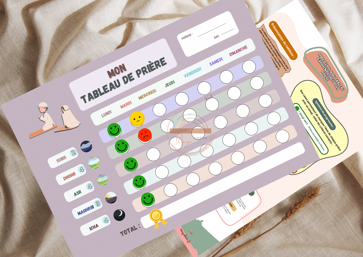 Tableau d’apprentissage de prière pour enfants et adultes